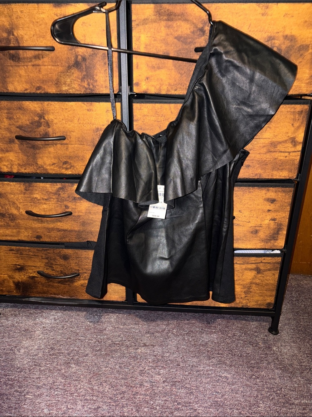 I.N.C Black One-Shoulder faux Leather top Women size L